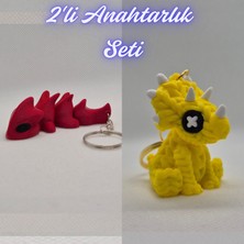 3D Atölye Maker  Kırmızı Esnek Ejder ve Sarı Örgü Desen Triceratops Anahtarlık