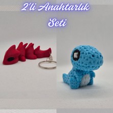 3D Atölye Maker  Kırmızı Esnek Ejder ve Açık Mavi Örgü Desen Hareketli Dino Anahtarlık