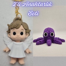 3D Atölye Maker  Kanatlı Masal Çocuk ve Mor Örgü Desen Ahtapot Anahtarlık