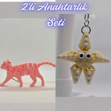 3D Atölye Maker  Açık Pembe Esnek Kedi ve Açık Sarı Hareketli Deniz Yıldızı Anahtarlık