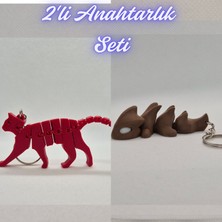 3D Atölye Maker  Kırmızı Esnek Kedi ve Koyu Kahverengi Esnek Ejder Anahtarlık
