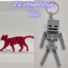 3D Atölye Maker  Kırmızı Esnek Kedi ve Gümüş MineCraft Skeleton Anahtarlık