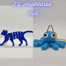 3D Atölye Maker  Mavi Esnek Kedi ve Açık Mavi Şaşkın Ahtapot Anahtarlık