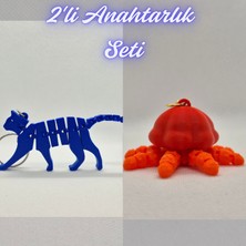 3D Atölye Maker  Mavi Esnek Kedi ve Turuncu Hareketli Deniz Anası Anahtarlık