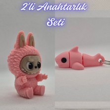 3D Atölye Maker  Açık Pembe Labubu ve Açık Pembe Esnek Köpek Balığı Anahtarlık