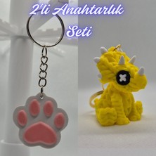 3D Atölye Maker  Açık Pembe Kedi Patisi ve Sarı Örgü Desen Triceratops Anahtarlık