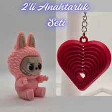 3D Atölye Maker  Açık Pembe Labubu ve Kırmızı Hareketli Kalp Anahtarlık