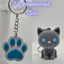 3D Atölye Maker  Açık Mavi Kedi Patisi ve Gümüş Örgü Desenli Kedi Anahtarlık