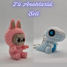 3D Atölye Maker Açık Pembe Labubu ve Beyaz Örgü Desen Hareketli Dino Anahtarlık