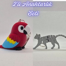 3D Atölye Maker  Kırmızı Örgü Desen Papağan ve Gümüş Esnek Kedi Anahtarlık