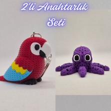 3D Atölye Maker Itfaiye Kırmızısı Örgü Desen Papağan ve Mor Örgü Desen Ahtapot Anahtarlık