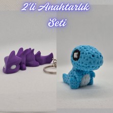 3D Atölye Maker  Mor Esnek Ejder ve Açık Mavi Örgü Desen Hareketli Dino Anahtarlık