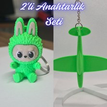 3D Atölye Maker  Yeşil Labubu ve Yeşil Uçak Anahtarlık