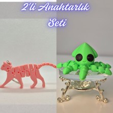 3D Atölye Maker  Açık Pembe Esnek Kedi ve Açık Yeşil Kalamar Anahtarlık