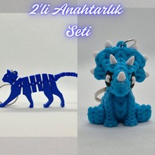 3D Atölye Maker  Mavi Esnek Kedi ve Açık Mavi Örgü Desen Triceratops Anahtarlık