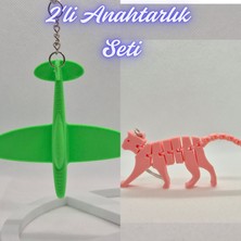 3D Atölye Maker  Yeşil Uçak ve Açık Pembe Esnek Kedi Anahtarlık