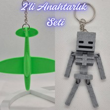 3D Atölye Maker  Yeşil Uçak ve Gümüş MineCraft Skeleton Anahtarlık
