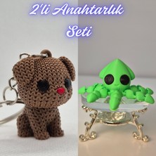 3D Atölye Maker Koyu Kahverengi Örgü Desenli Köpek ve Açık Yeşil Kalamar Anahtarlık