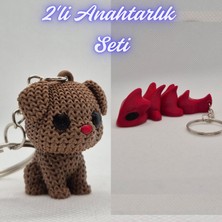 3D Atölye Maker  Koyu Kahverengi Örgü Desenli Köpek ve Kırmızı Esnek Ejder Anahtarlık