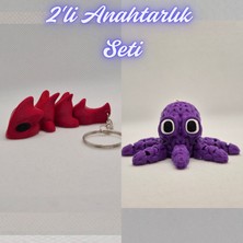 3D Atölye Maker  Kırmızı Esnek Ejder ve Mor Örgü Desen Ahtapot Anahtarlık