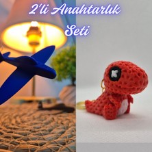 3D Atölye Maker  Mavi Uçak ve Kırmızı Örgü Desen Hareketli Dino Anahtarlık