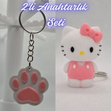 3D Atölye Maker  Açık Pembe Kedi Patisi ve Beyaz Hello Kitty Anahtarlık