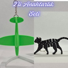 3D Atölye Maker  Yeşil Uçak ve Siyah Esnek Kedi Anahtarlık
