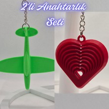 3D Atölye Maker  Yeşil Uçak ve Kırmızı Hareketli Kalp Anahtarlık