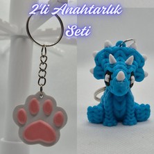 3D Atölye Maker  Açık Pembe Kedi Patisi ve Açık Mavi Örgü Desen Triceratops Anahtarlık