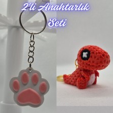 3D Atölye Maker  Açık Pembe Kedi Patisi ve Kırmızı Örgü Desen Hareketli Dino Anahtarlık