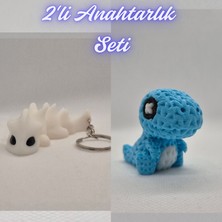 3D Atölye Maker  Beyaz Esnek Ejder ve Açık Mavi Örgü Desen Hareketli Dino Anahtarlık