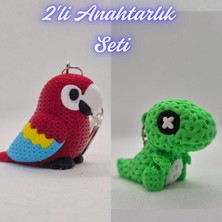 3D Atölye Maker Itfaiye Kırmızısı Örgü Desen Papağan ve Yeşil Örgü Desen Hareketli Dino Anahtarlık