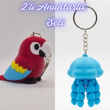 3D Atölye Maker  Kırmızı Örgü Desen Papağan ve Açık Mavi Hareketli Deniz Anası Anahtarlık