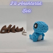 3D Atölye Maker  Koyu Kahverengi Esnek Ejder ve Açık Mavi Örgü Desen Hareketli Dino Anahtarlık