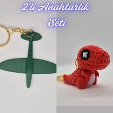 3D Atölye Maker  Koyu Yeşil Uçak ve Kırmızı Örgü Desen Hareketli Dino Anahtarlık