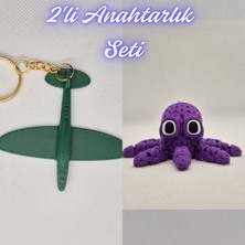 3D Atölye Maker  Koyu Yeşil Uçak ve Mor Örgü Desen Ahtapot Anahtarlık