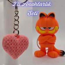 3D Atölye Maker  Açık Pembe Örgü Desenli Kalp ve Garfield Anahtarlık