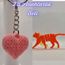 3D Atölye Maker  Açık Pembe Örgü Desenli Kalp ve Turuncu Esnek Kedi Anahtarlık