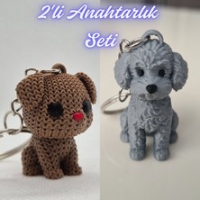 3D Atölye Maker  Koyu Kahverengi Örgü Desenli Köpek ve Gümüş Poddle Köpek Anahtarlık