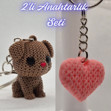 3D Atölye Maker  Koyu Kahverengi Örgü Desenli Köpek ve Açık Pembe Örgü Desenli Kalp Anahtarlık