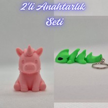 3D Atölye Maker  Açık Pembe Unicorn ve Yeşil Esnek Ejder Anahtarlık