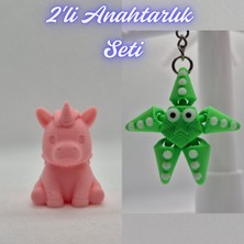 3D Atölye Maker  Açık Pembe Unicorn ve Yeşil Hareketli Deniz Yıldızı Anahtarlık