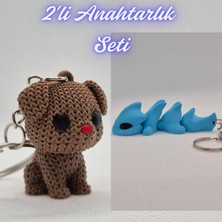 3D Atölye Maker Koyu Kahverengi Örgü Desenli Köpek ve Açık Mavi Esnek Ejder Anahtarlık