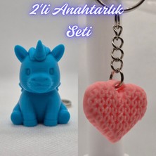 3D Atölye Maker  Mavi Unicorn ve Açık Pembe Örgü Desenli Kalp Anahtarlık