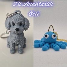 3D Atölye Maker  Gümüş Poddle Köpek ve Açık Mavi Şaşkın Ahtapot Anahtarlık