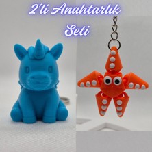3D Atölye Maker  Mavi Unicorn ve Turuncu Hareketli Deniz Yıldızı Anahtarlık