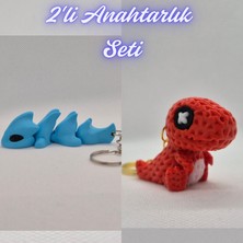 3D Atölye Maker  Açık Mavi Esnek Ejder ve Kırmızı Örgü Desen Hareketli Dino Anahtarlık