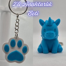 3D Atölye Maker  Açık Mavi Kedi Patisi ve Mavi Unicorn Anahtarlık
