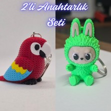 3D Atölye Maker  Kırmızı Örgü Desen Papağan ve Yeşil Labubu Anahtarlık