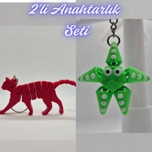 3D Atölye Maker  Kırmızı Esnek Kedi ve Yeşil Hareketli Deniz Yıldızı Anahtarlık